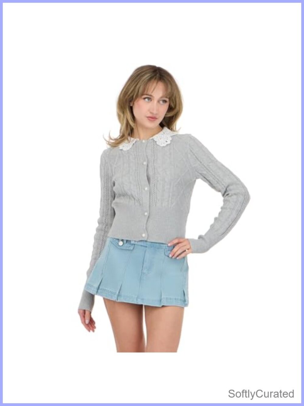 Cable Knit Cardigan With Lace Collar Button Front Long Sleeve